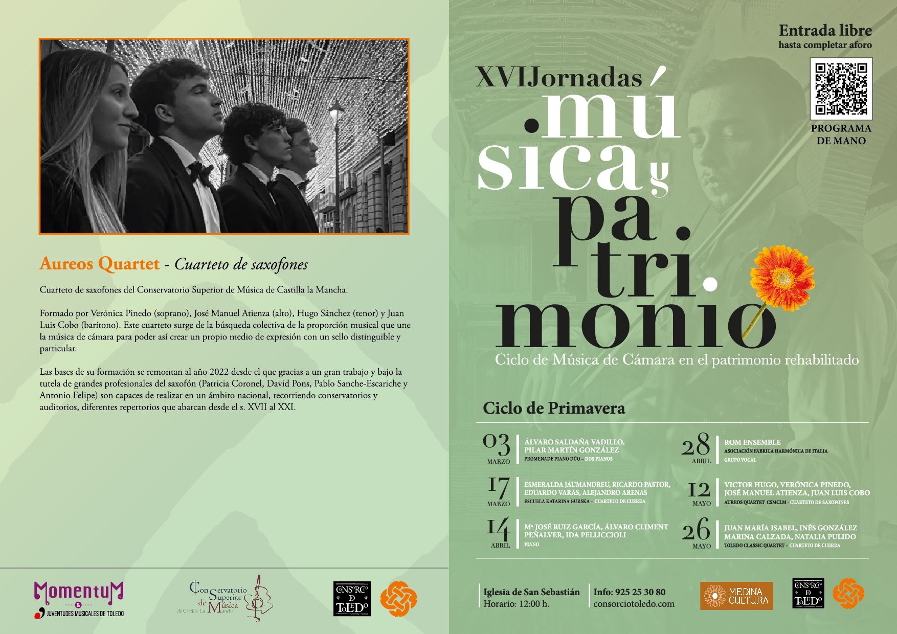 AureosQuartet dará vida al penúltimo concierto de las XVI Jornadas de Música y Patrimonio en la Iglesia de San Sebastián